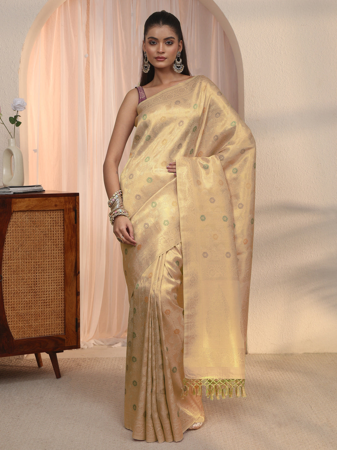  Libas Golden Floral Woven Design Silk Blend Saree 