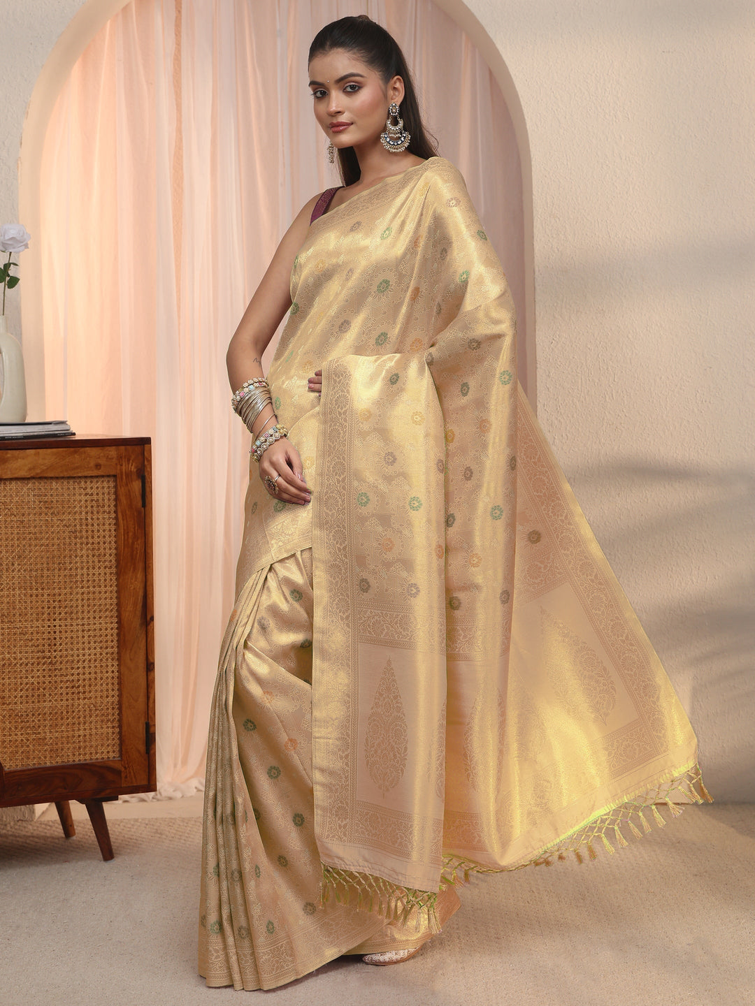  Libas Golden Floral Woven Design Silk Blend Saree 