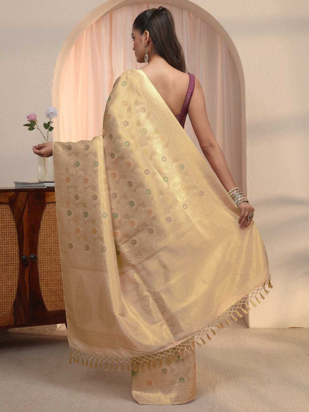  Libas Golden Floral Woven Design Silk Blend Saree 