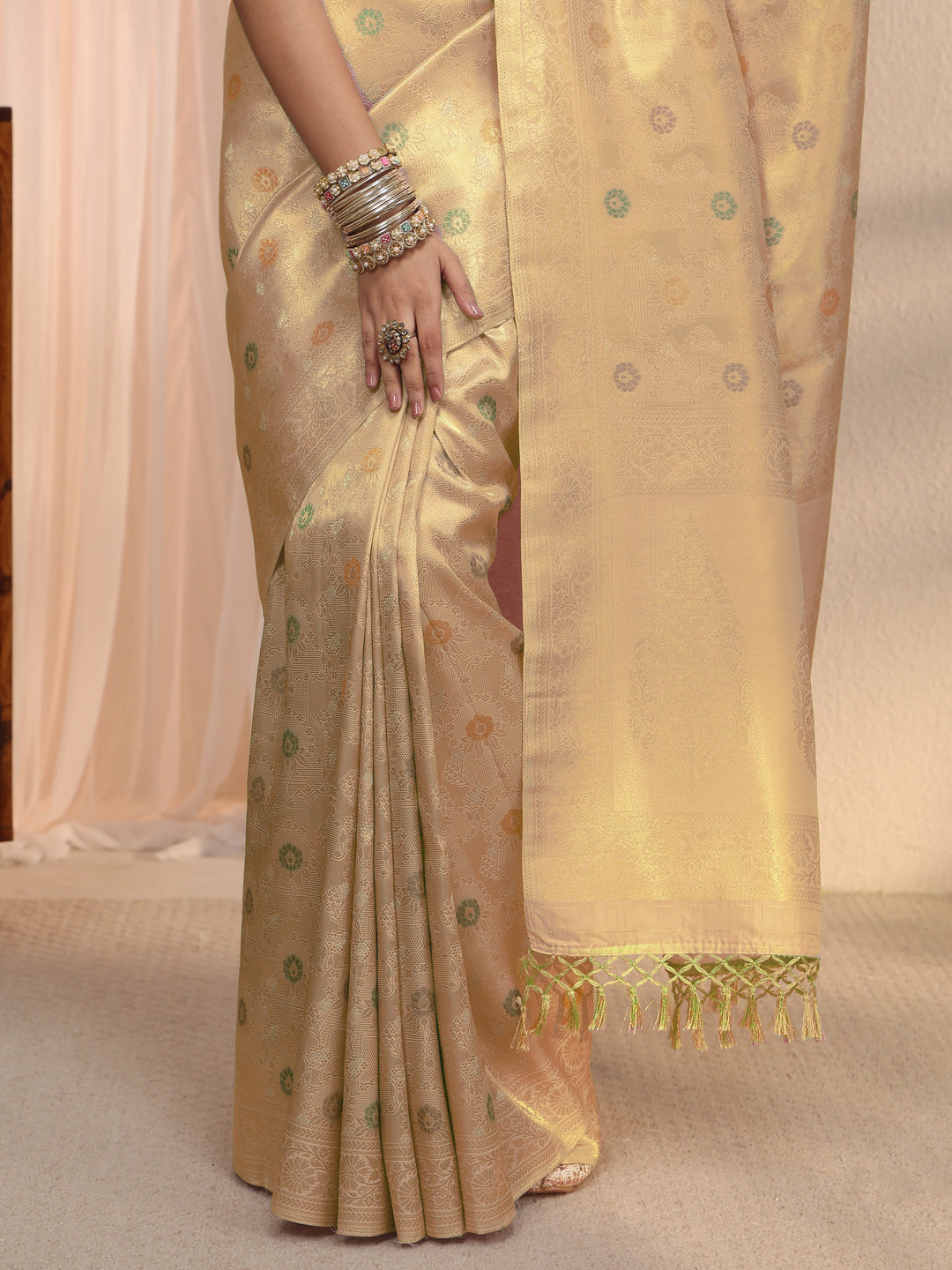 Libas Golden Floral Woven Design Silk Blend Saree 