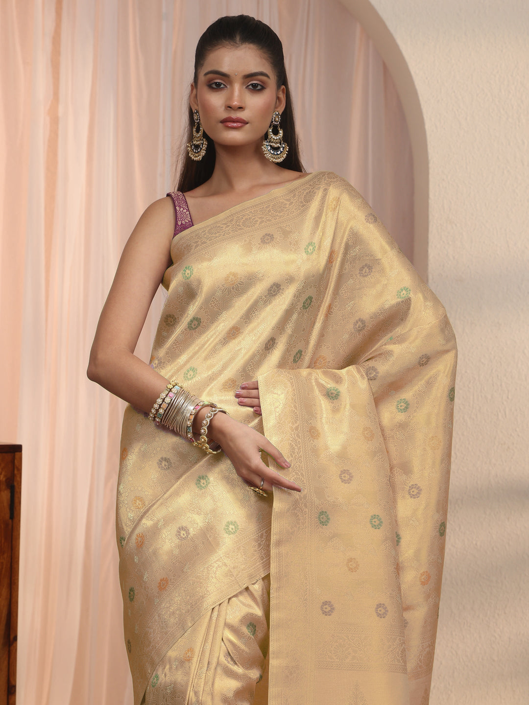  Libas Golden Floral Woven Design Silk Blend Saree 