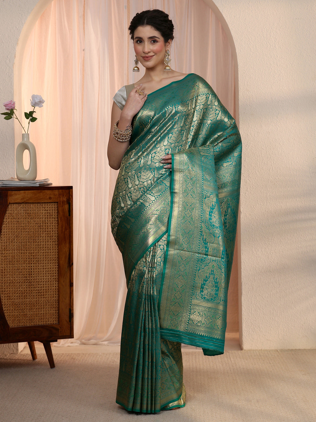  Libas Peacock Green Ethnic Woven Design Satin Saree 