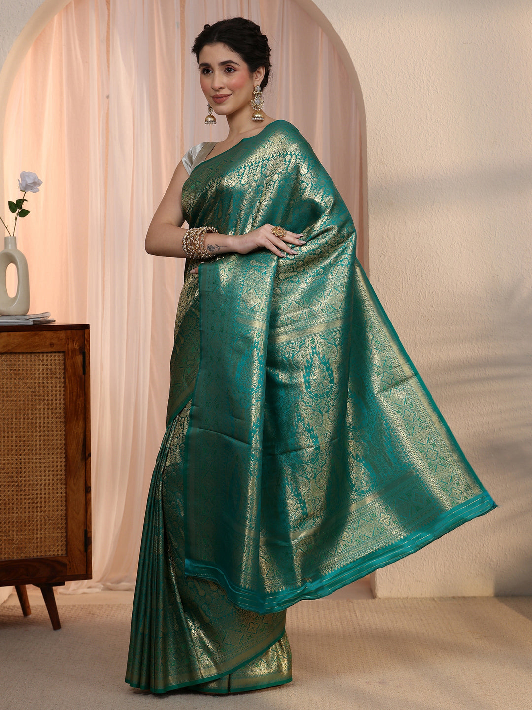  Libas Peacock Green Ethnic Woven Design Satin Saree 