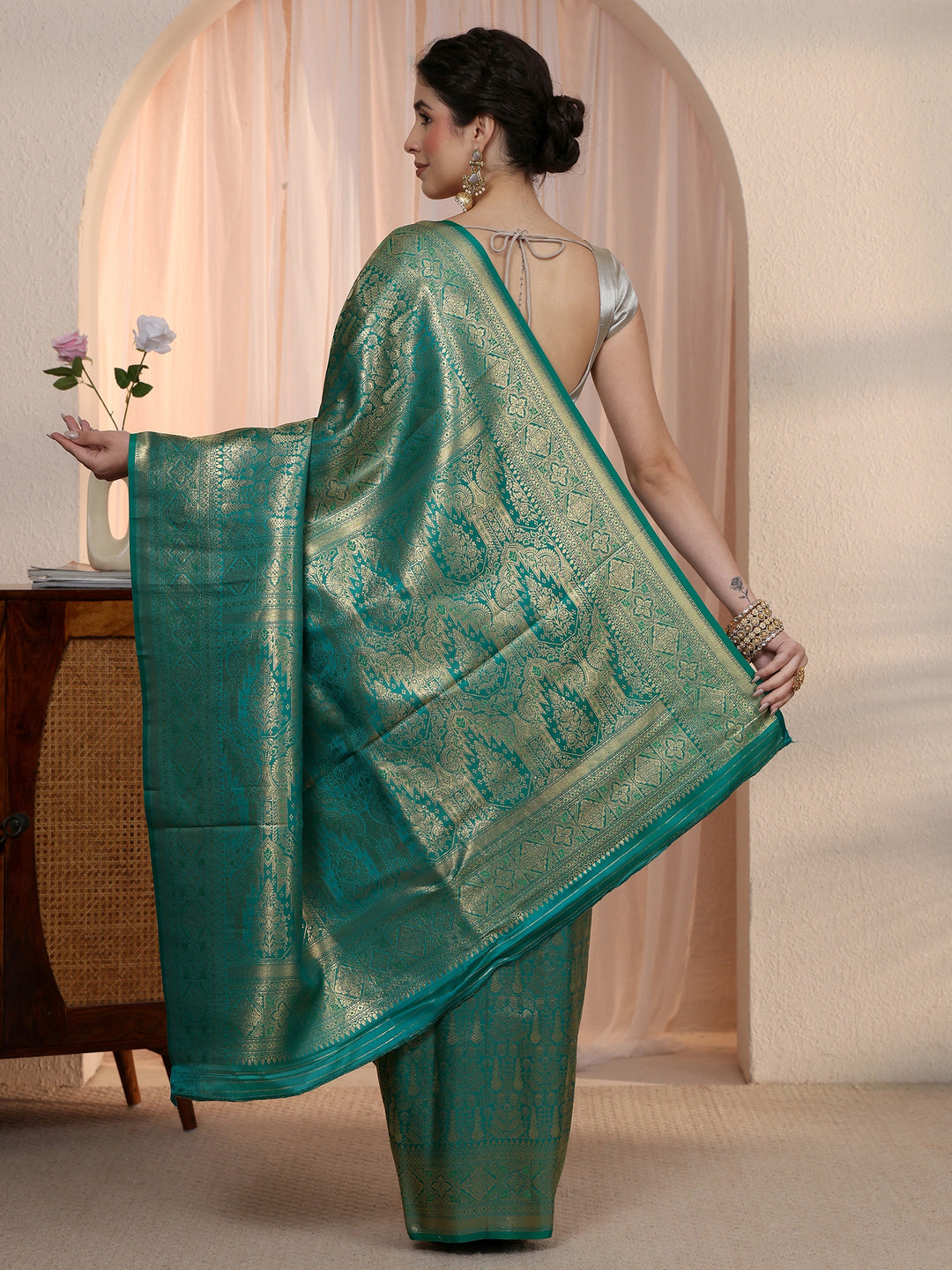  Libas Peacock Green Ethnic Woven Design Satin Saree 