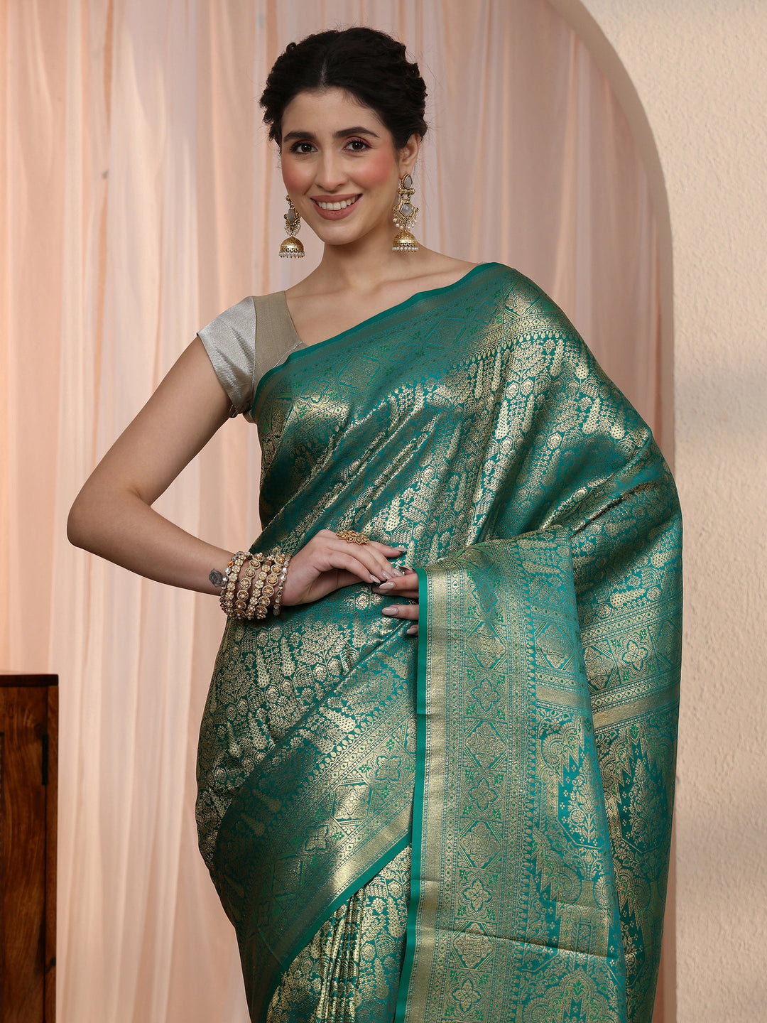  Libas Peacock Green Ethnic Woven Design Satin Saree 