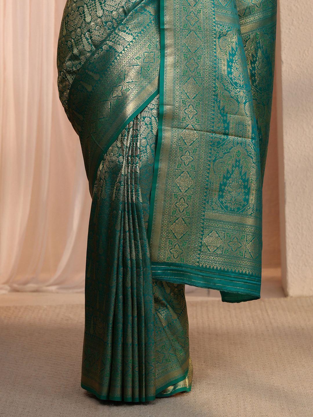  Libas Peacock Green Ethnic Woven Design Satin Saree 