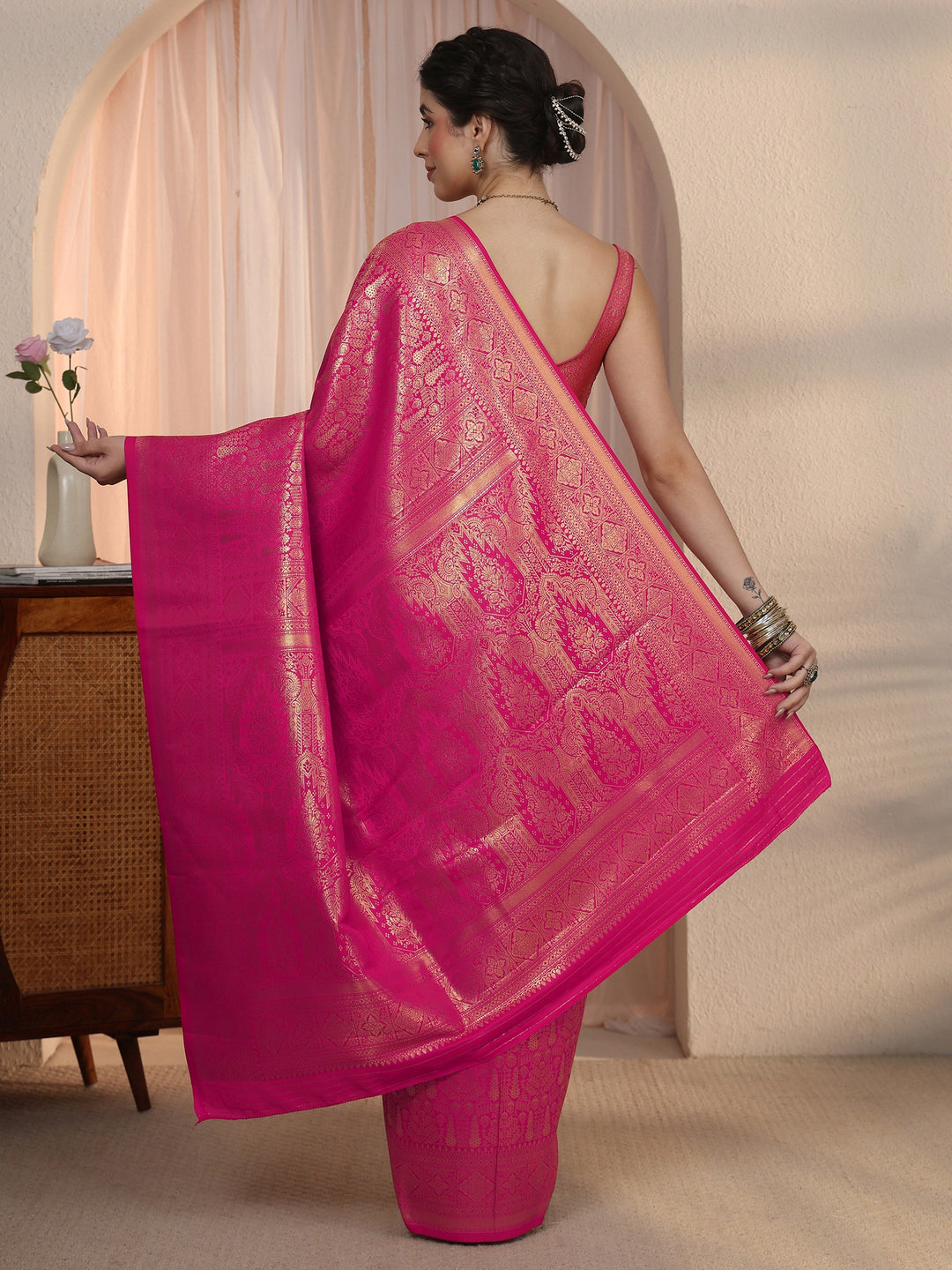  Libas Rani Pink Ethnic Woven Design Satin Saree 