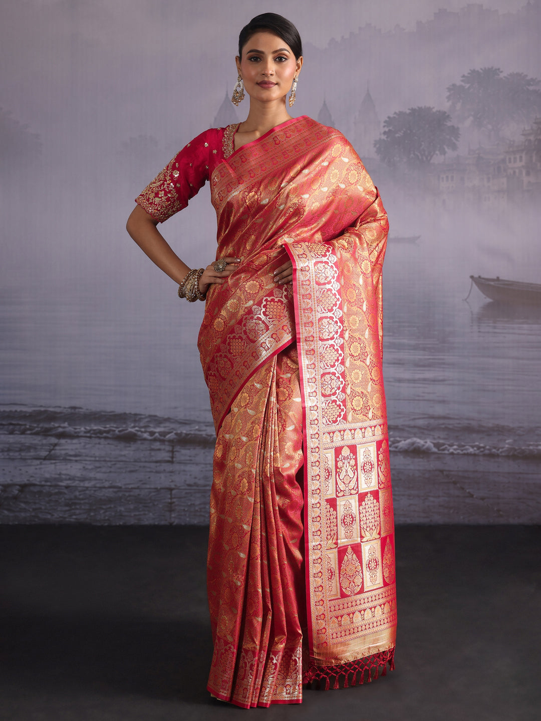  Libas Vermilion Red Floral Woven Design Satin Saree 