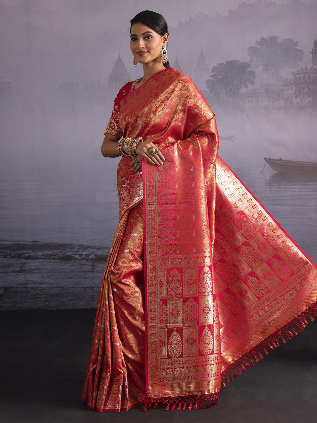  Libas Vermilion Red Floral Woven Design Satin Saree 