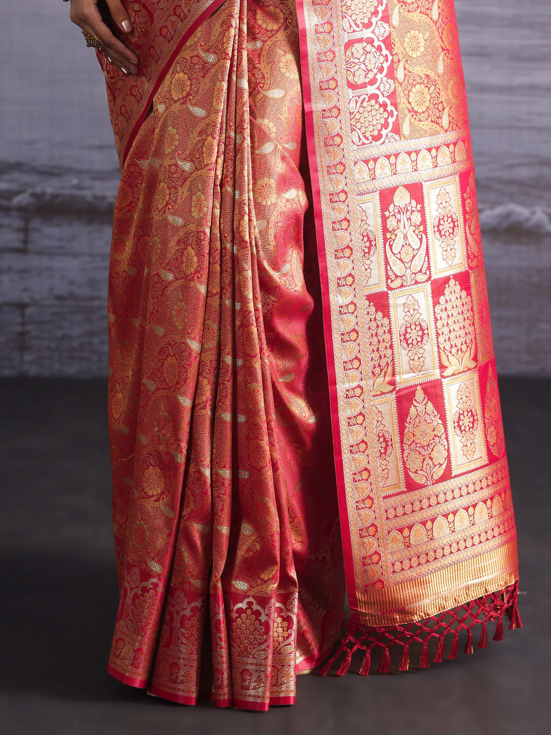  Libas Vermilion Red Floral Woven Design Satin Saree 