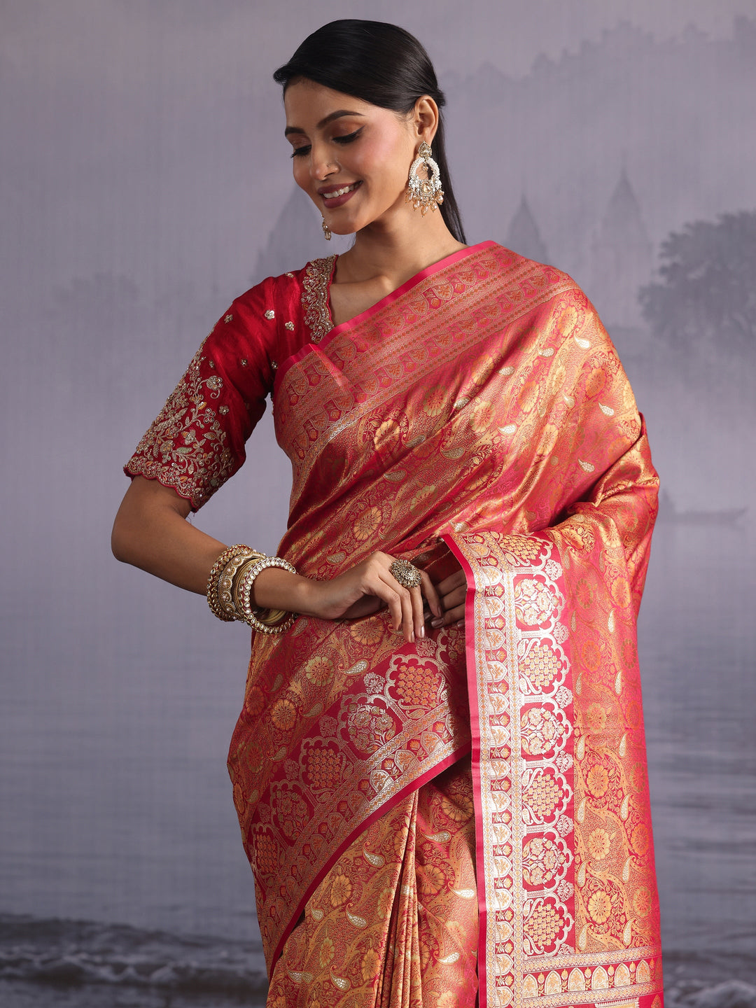  Libas Vermilion Red Floral Woven Design Satin Saree 