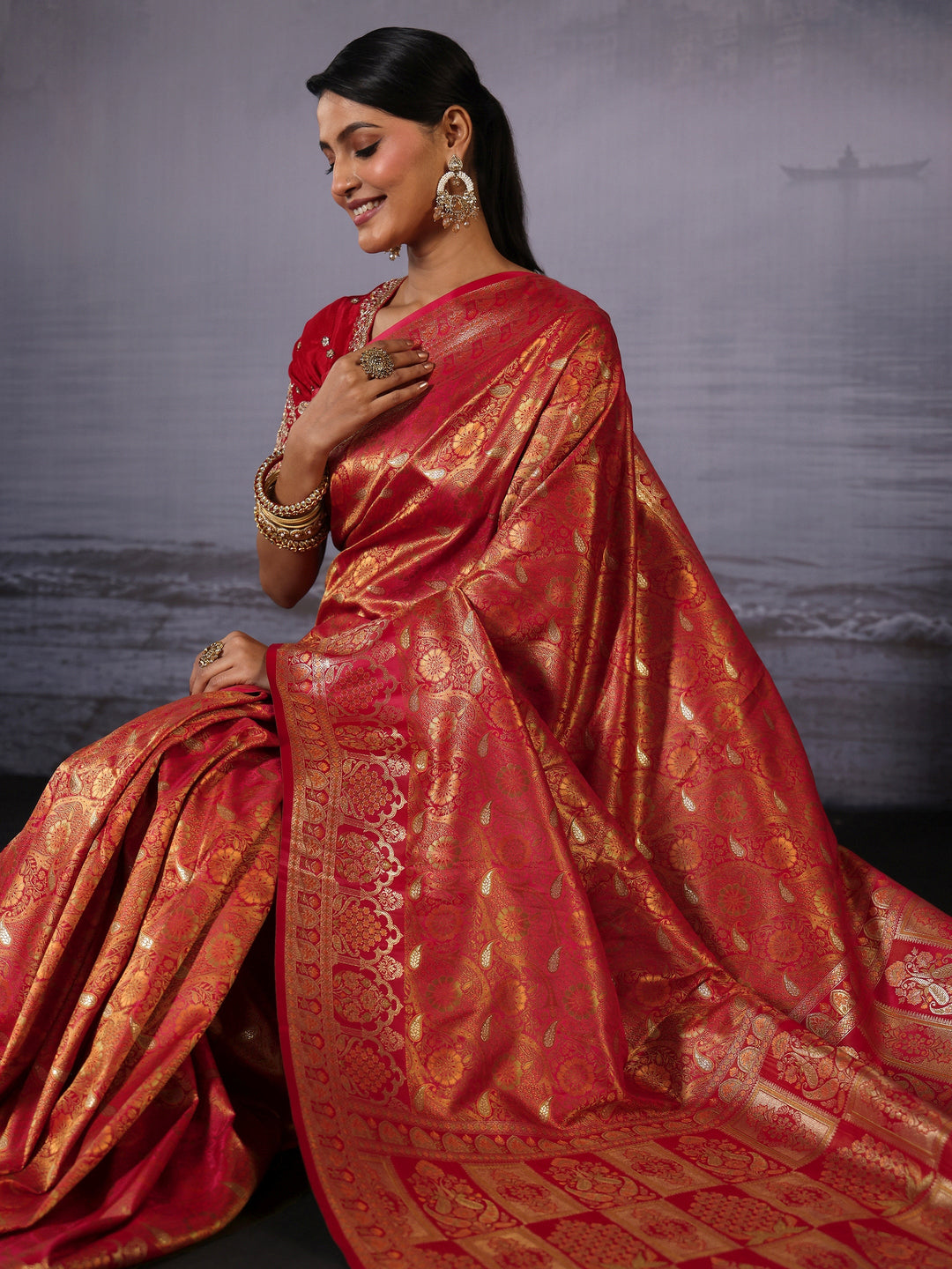  Libas Vermilion Red Floral Woven Design Satin Saree 