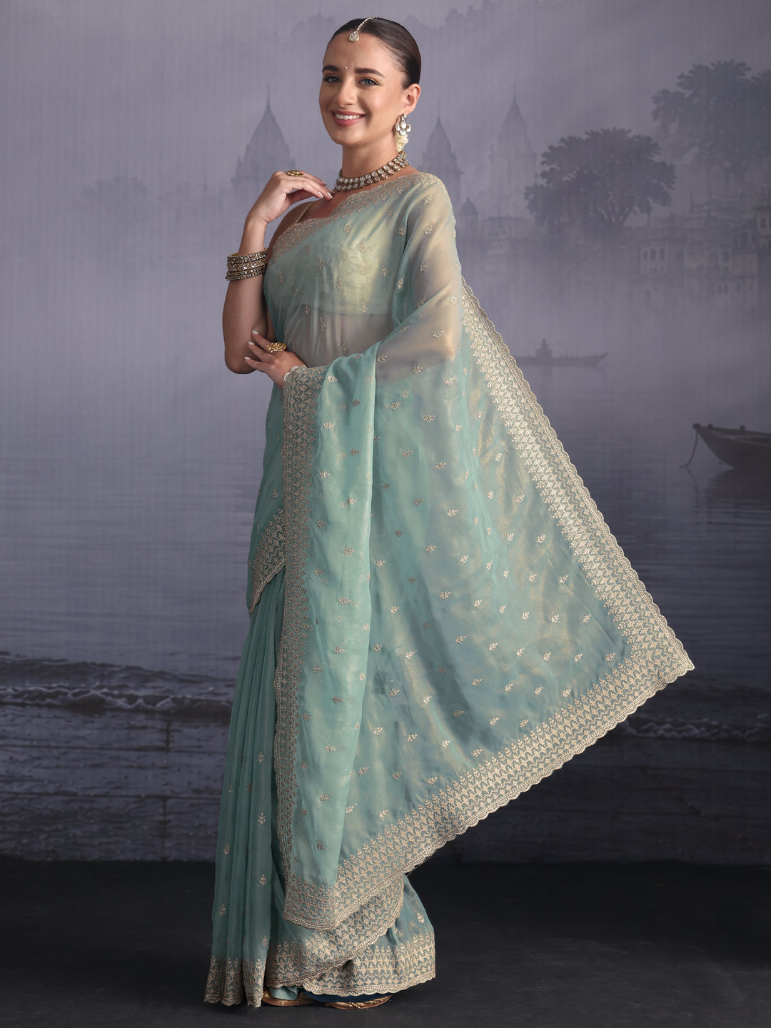  Libas Powder Blue Floral Embroidered Georgette Saree with Scalloped Border 