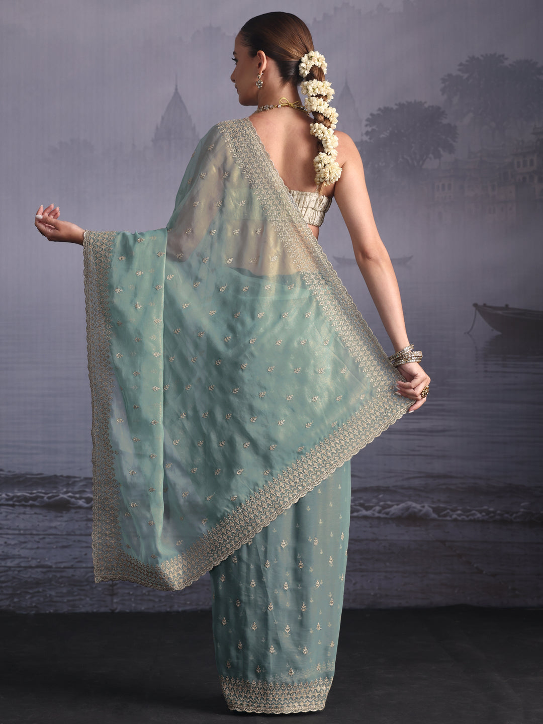  Libas Powder Blue Floral Embroidered Georgette Saree with Scalloped Border 