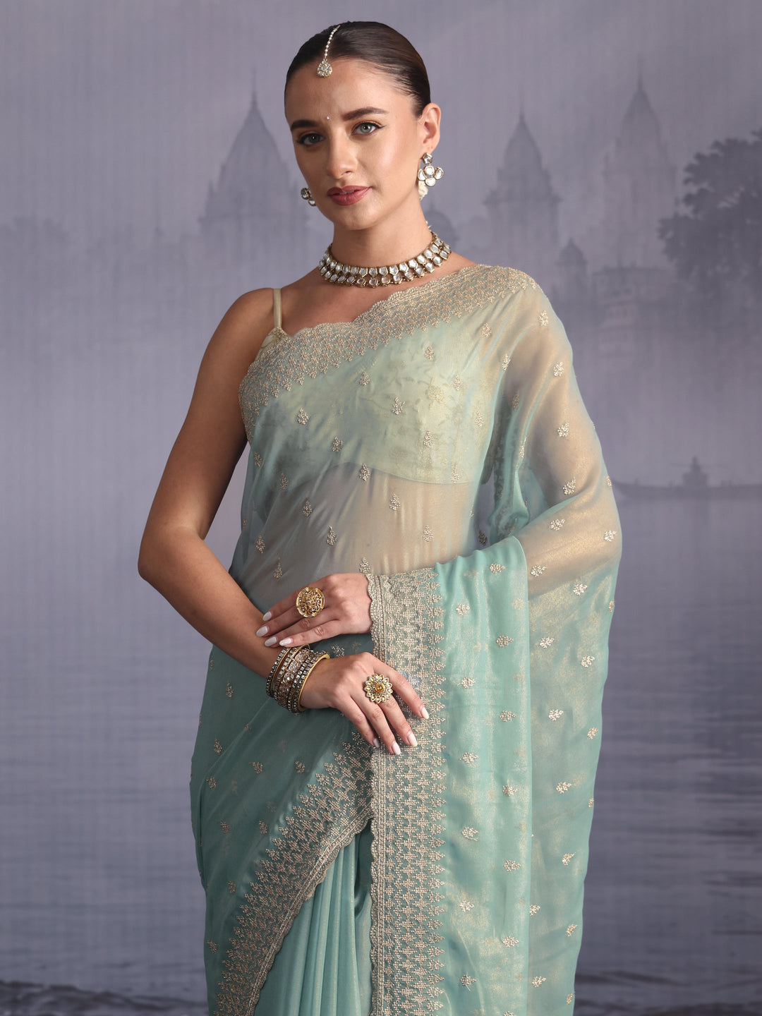  Libas Powder Blue Floral Embroidered Georgette Saree with Scalloped Border 