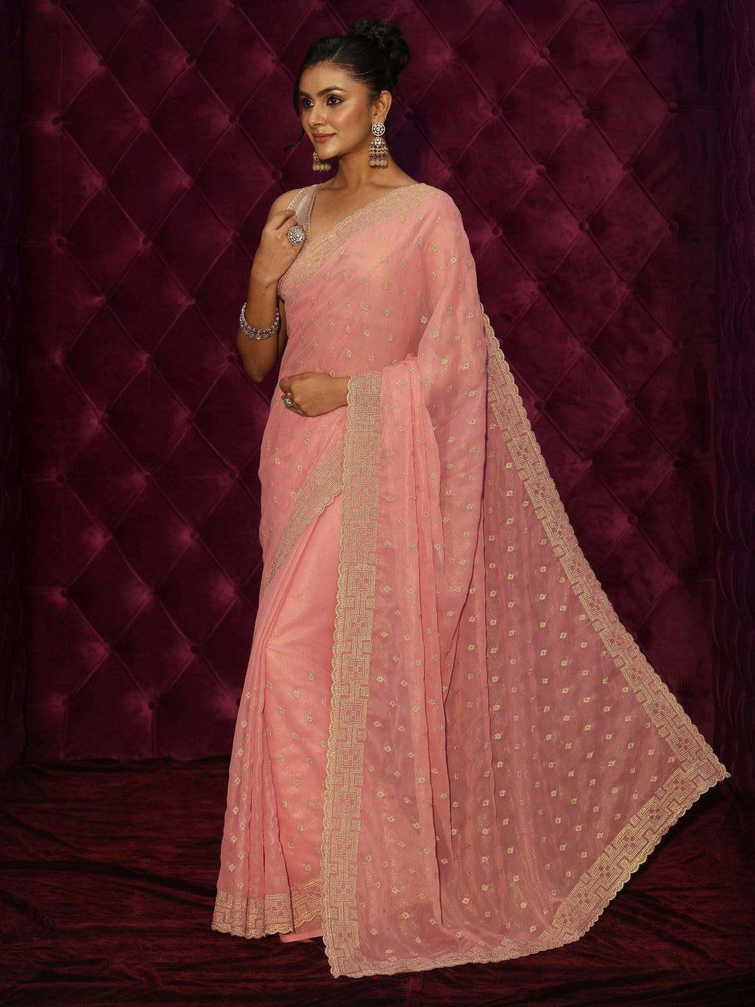  Libas Coral Pink Ethnic Embroidered Georgette Saree 