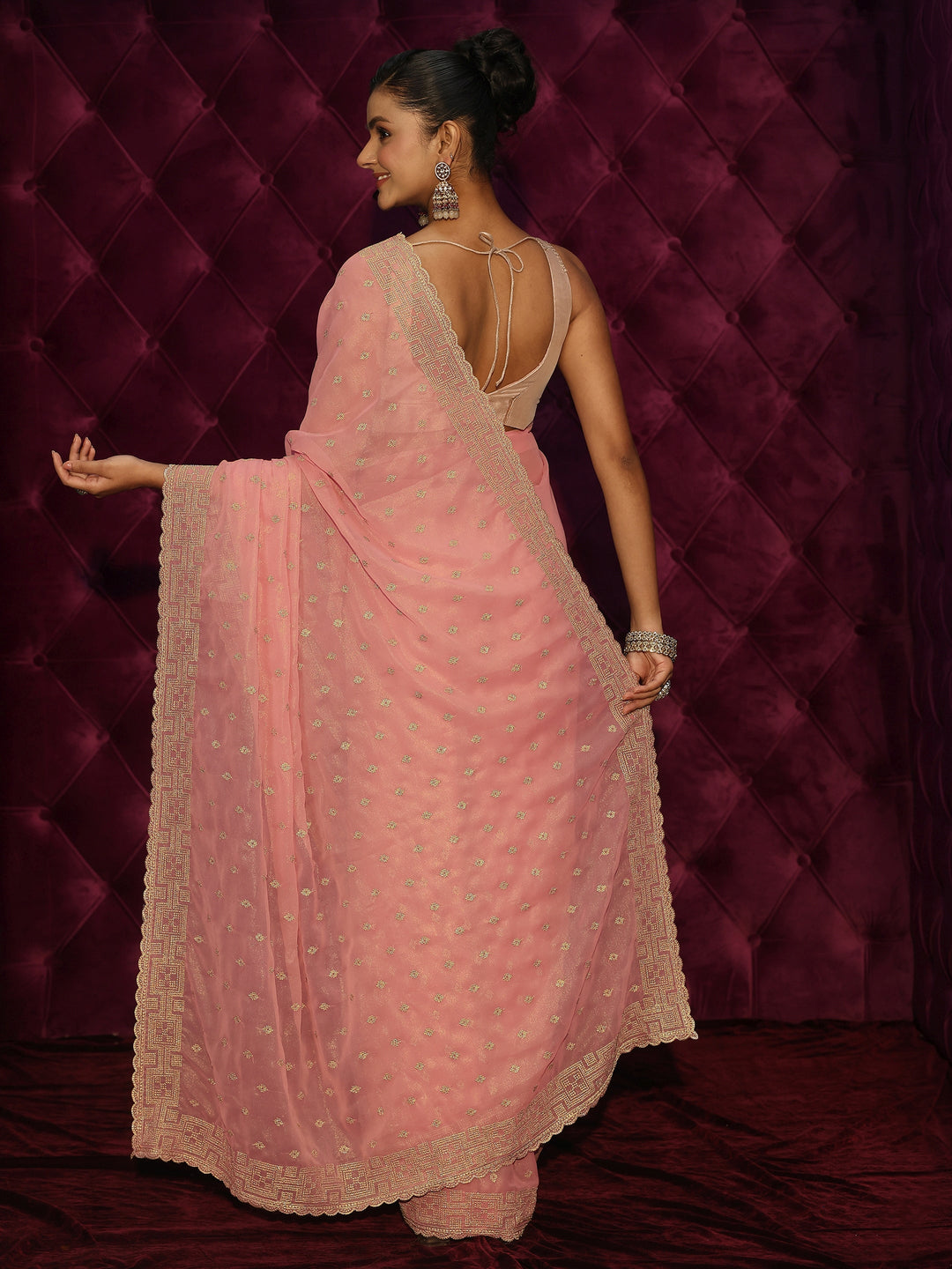  Libas Coral Pink Ethnic Embroidered Georgette Saree 