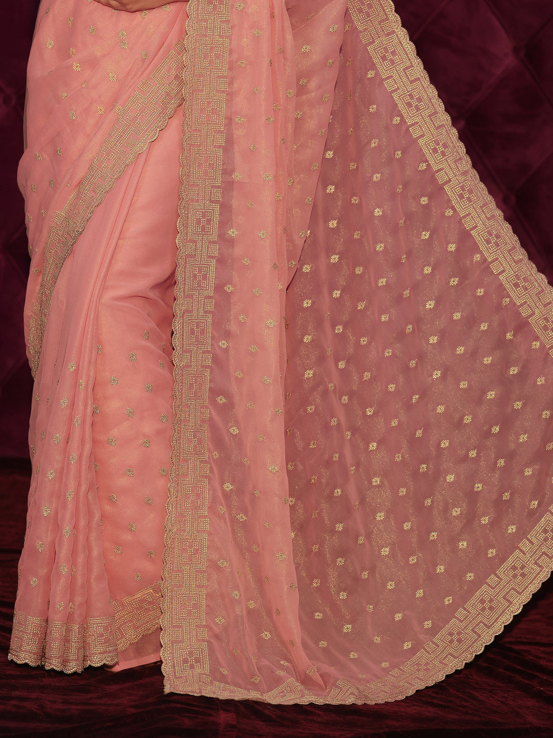  Libas Coral Pink Ethnic Embroidered Georgette Saree 