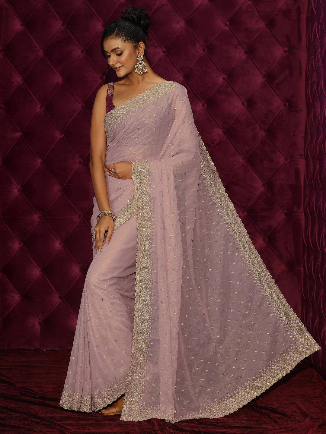  Libas Lavender Floral Embroidered Georgette Saree 
