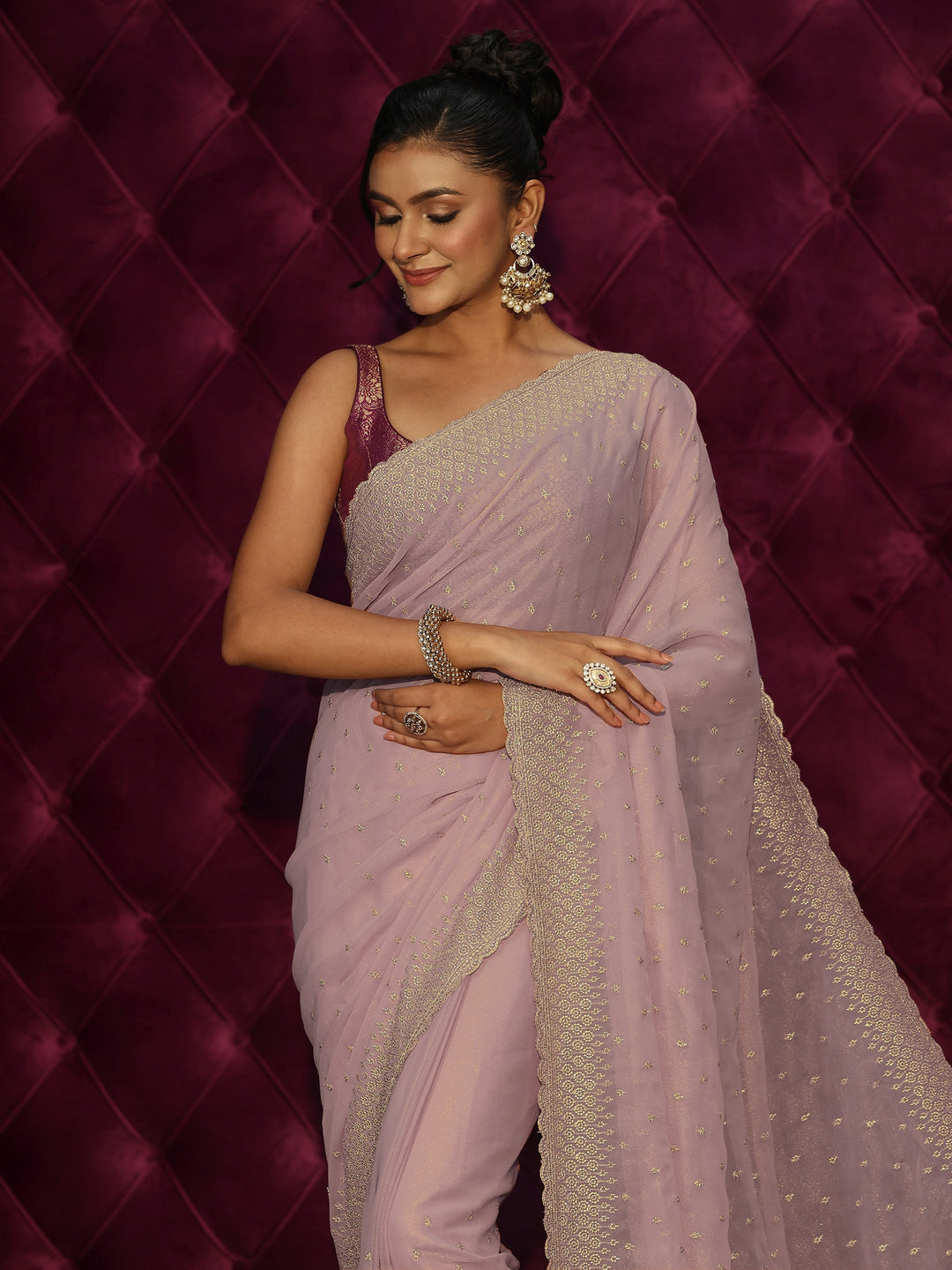  Libas Lavender Floral Embroidered Georgette Saree 