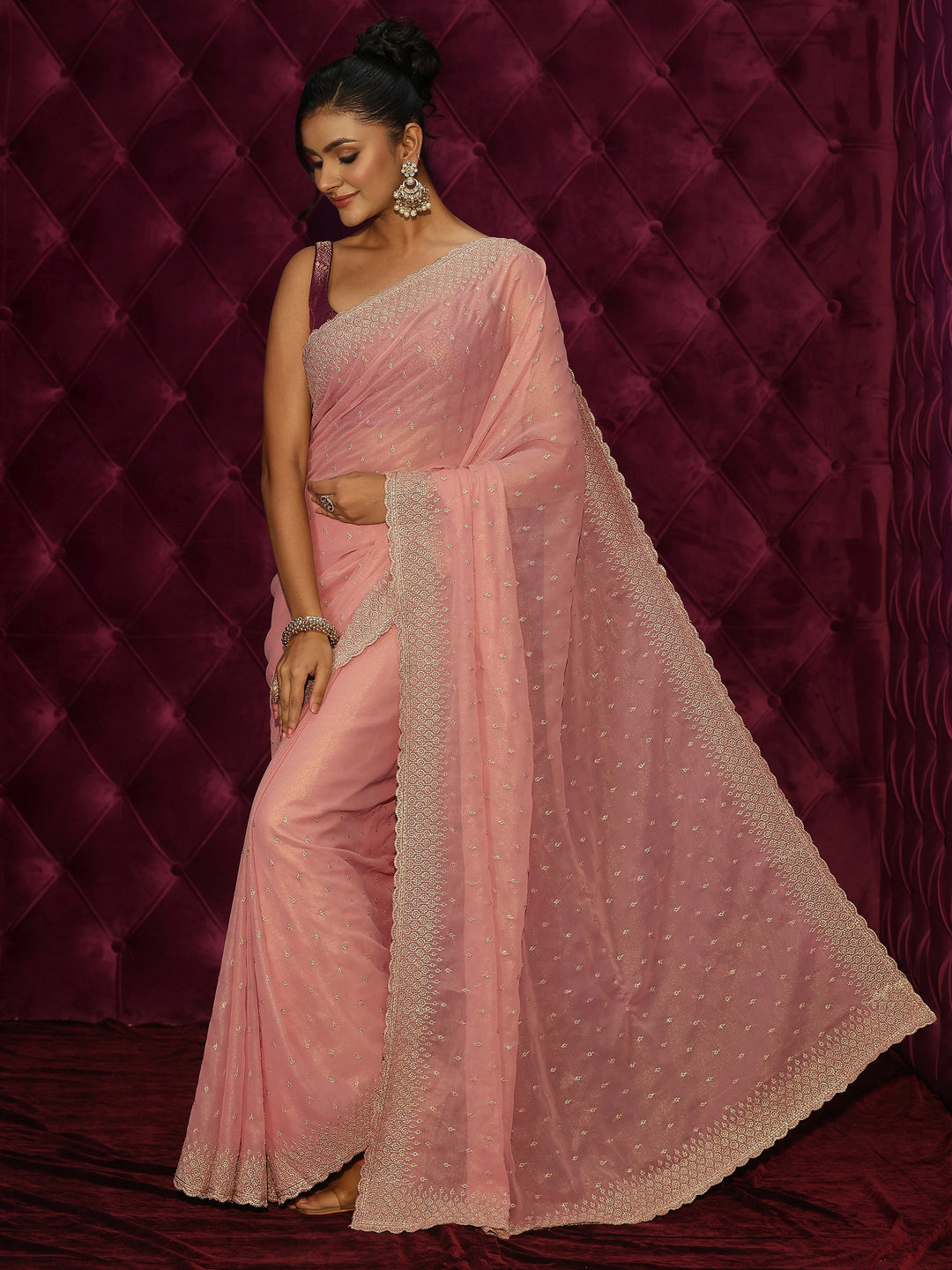  Libas Peach Pink Floral Embroidered Georgette Saree 