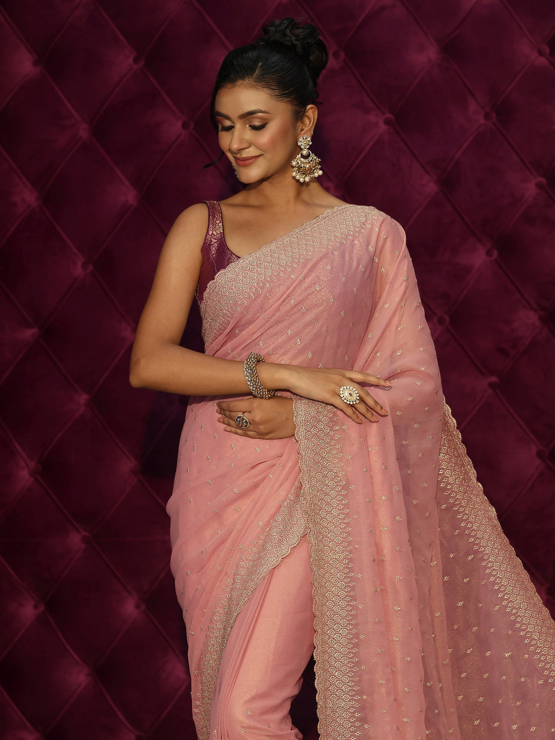  Libas Peach Pink Floral Embroidered Georgette Saree 