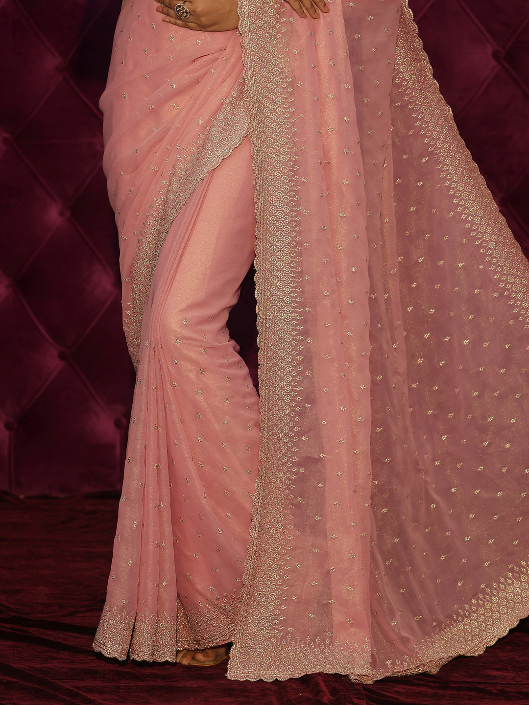  Libas Peach Pink Floral Embroidered Georgette Saree 