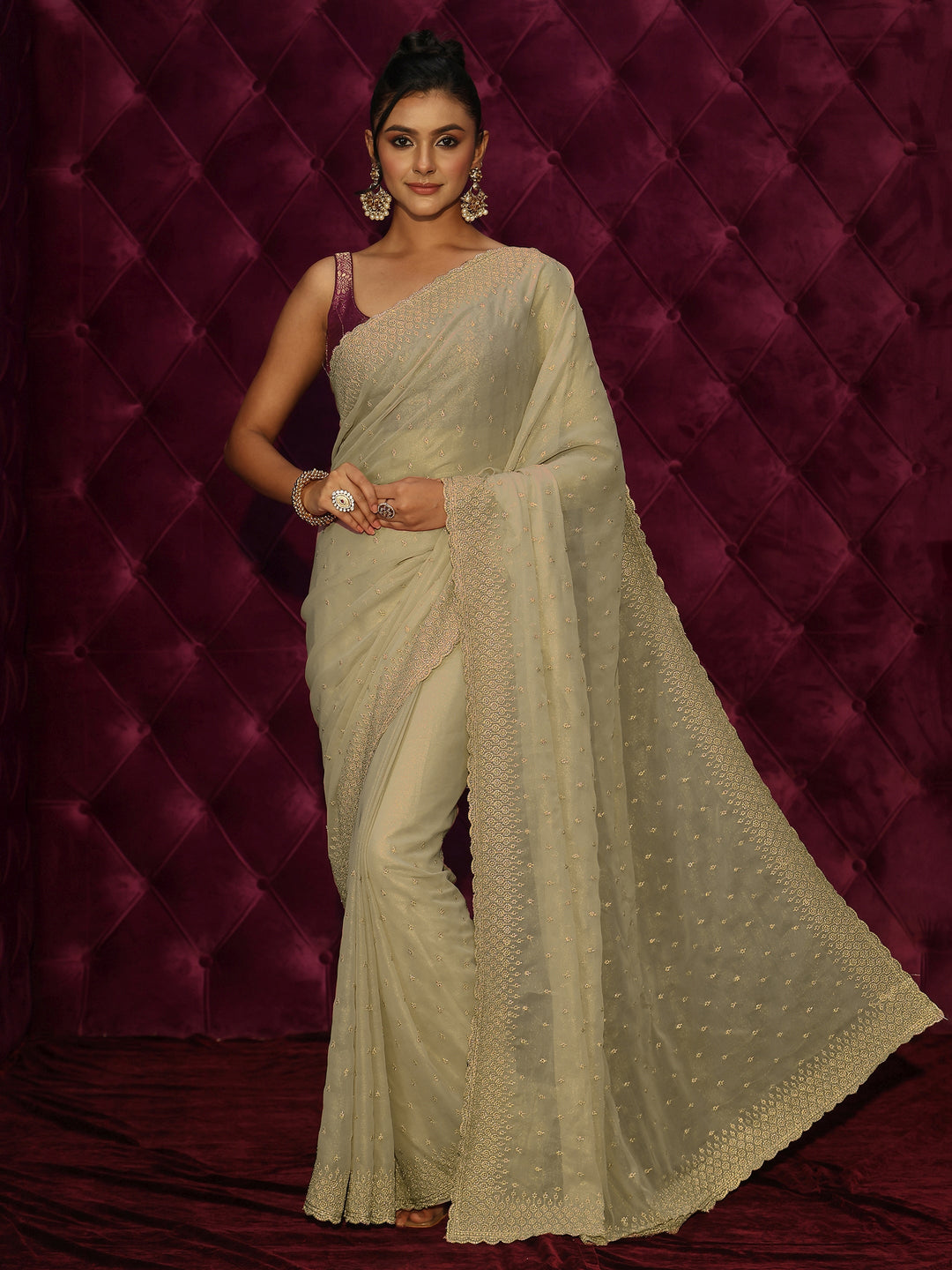  Libas Pista Green Floral Embroidered Georgette Saree 