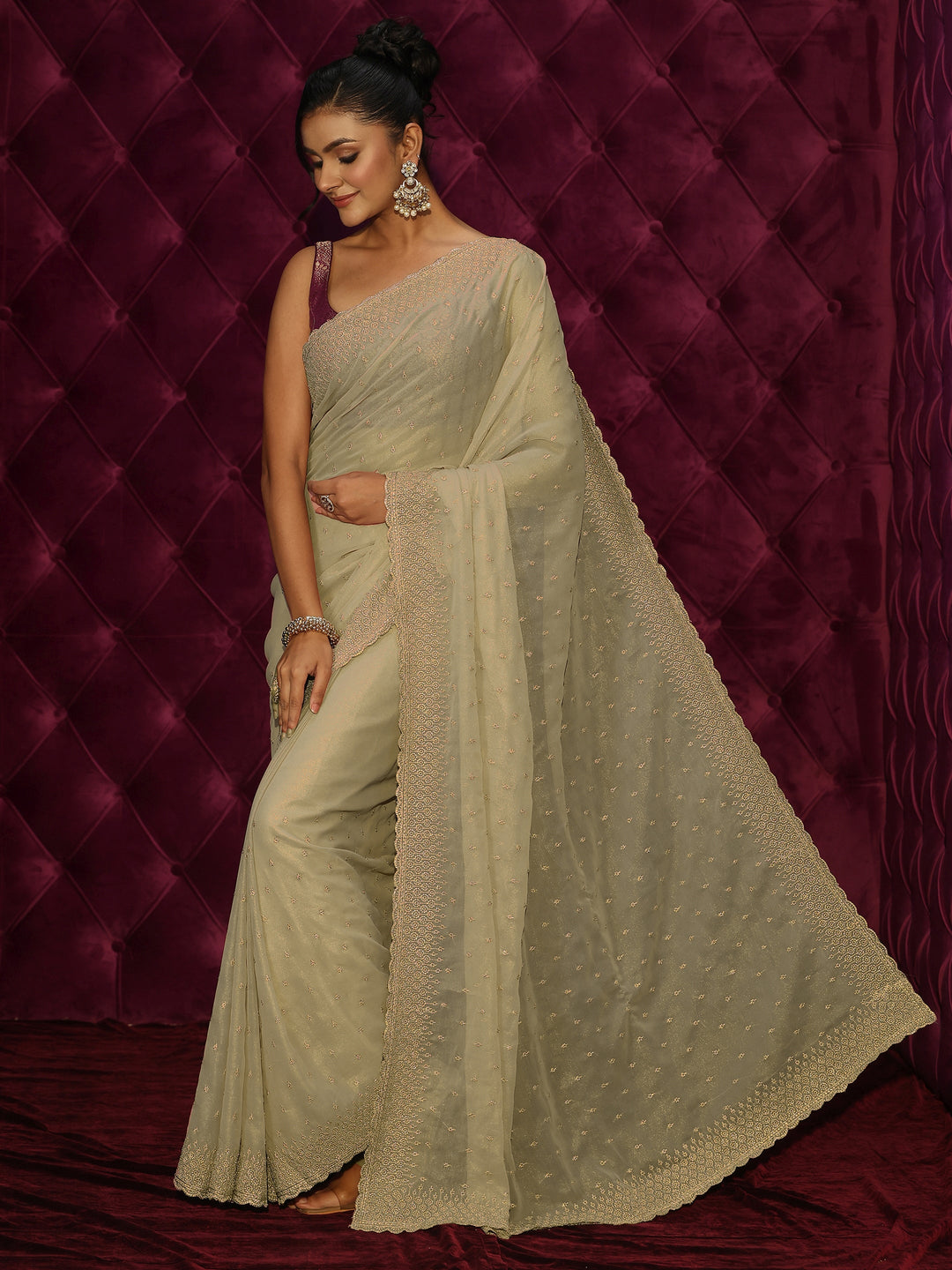  Libas Pista Green Floral Embroidered Georgette Saree 