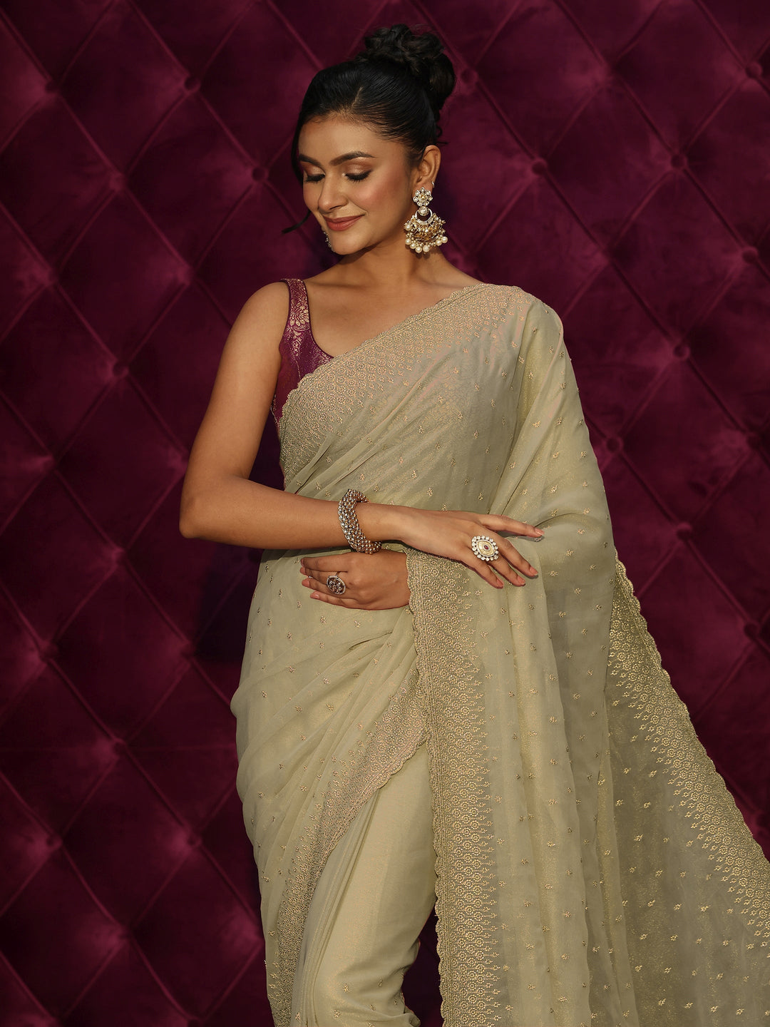  Libas Pista Green Floral Embroidered Georgette Saree 