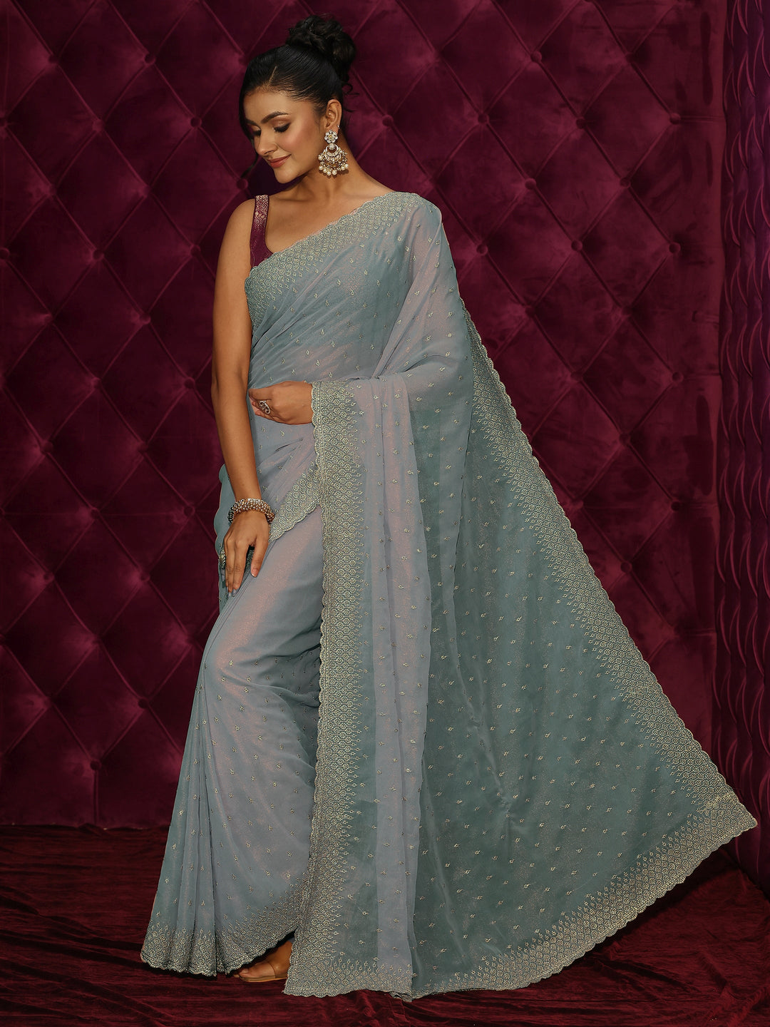  Libas Blue Floral Embroidered Georgette Saree 
