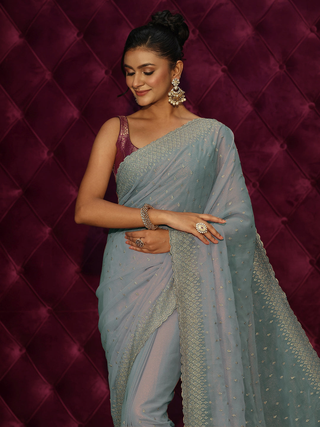  Libas Blue Floral Embroidered Georgette Saree 