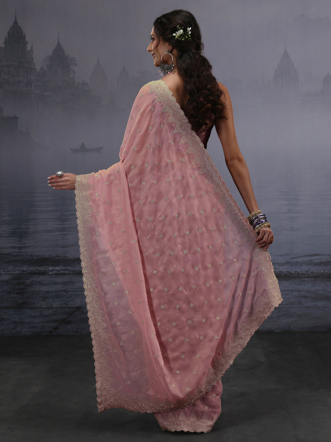  Libas Pink Stone Work Embellished Georgette Saree 