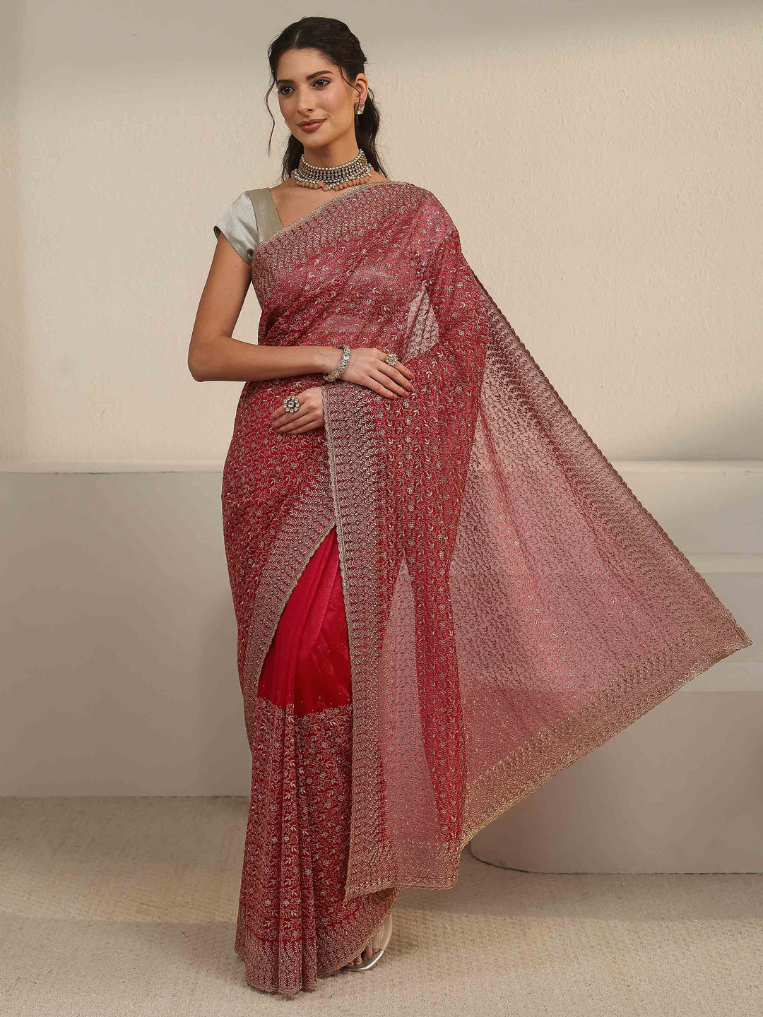  Libas Rani Pink Floral Embroidered Net Saree 