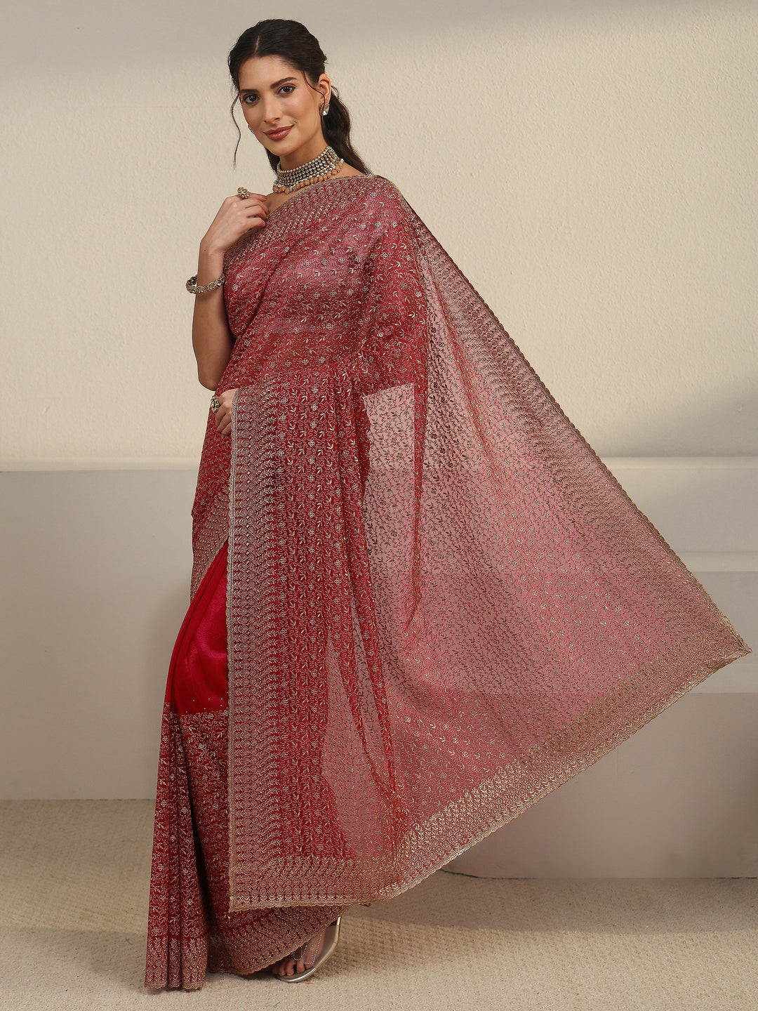  Libas Rani Pink Floral Embroidered Net Saree 