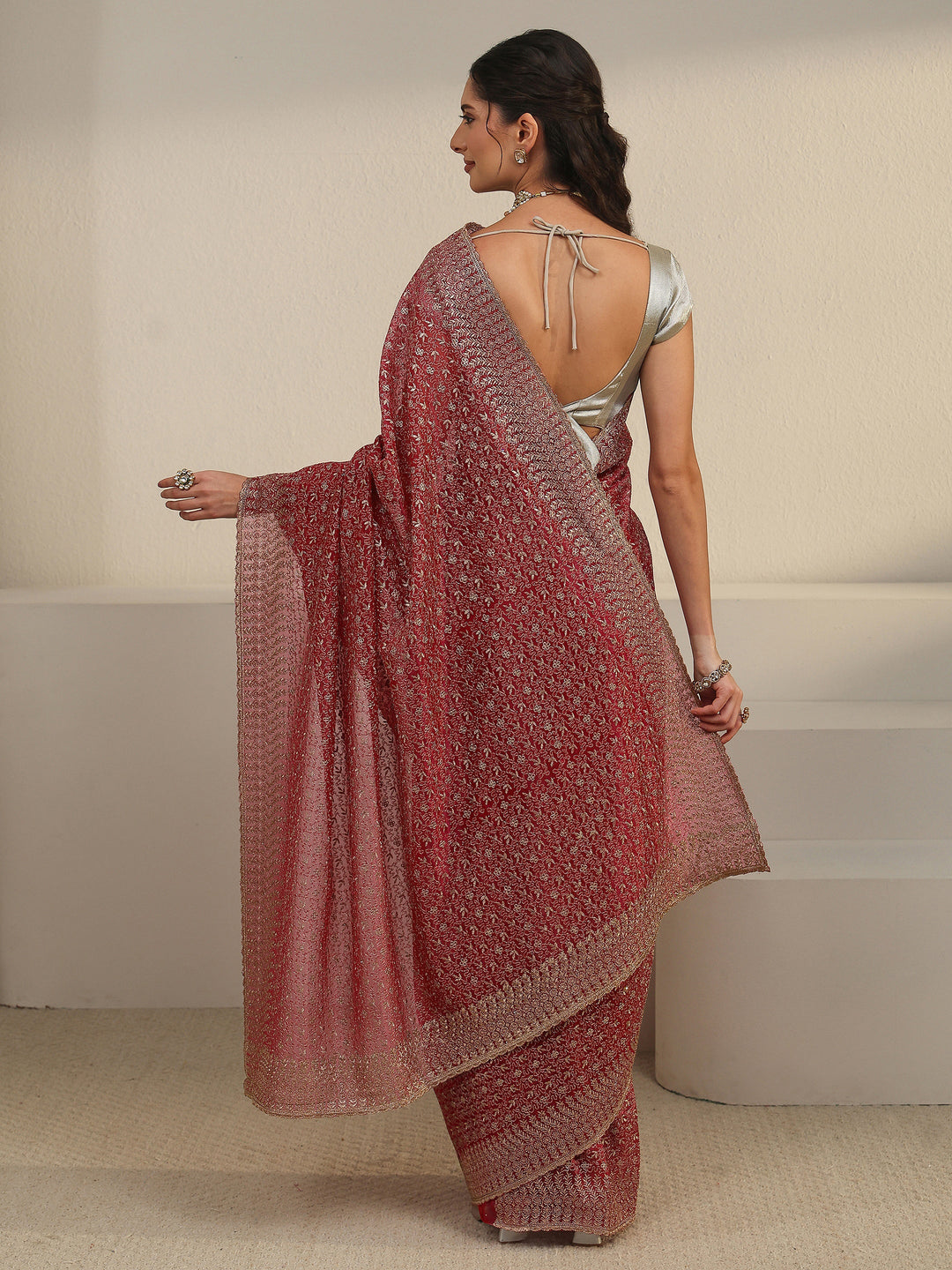  Libas Rani Pink Floral Embroidered Net Saree 