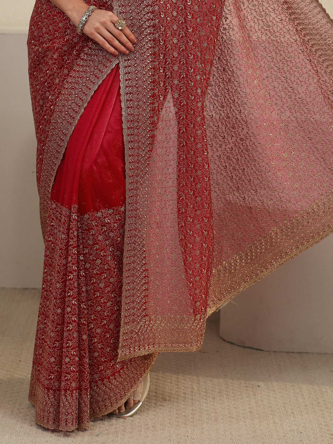  Libas Rani Pink Floral Embroidered Net Saree 