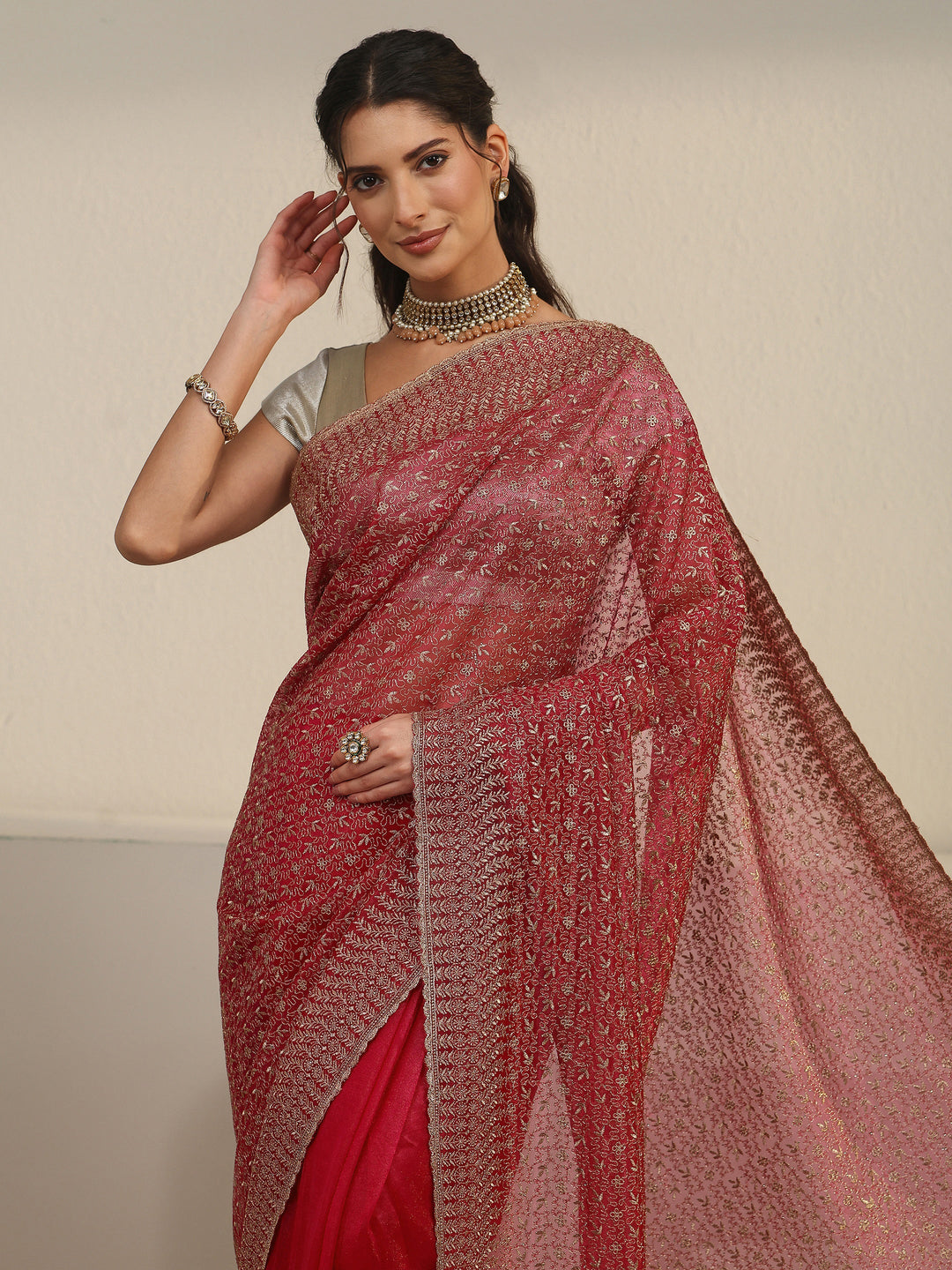  Libas Rani Pink Floral Embroidered Net Saree 