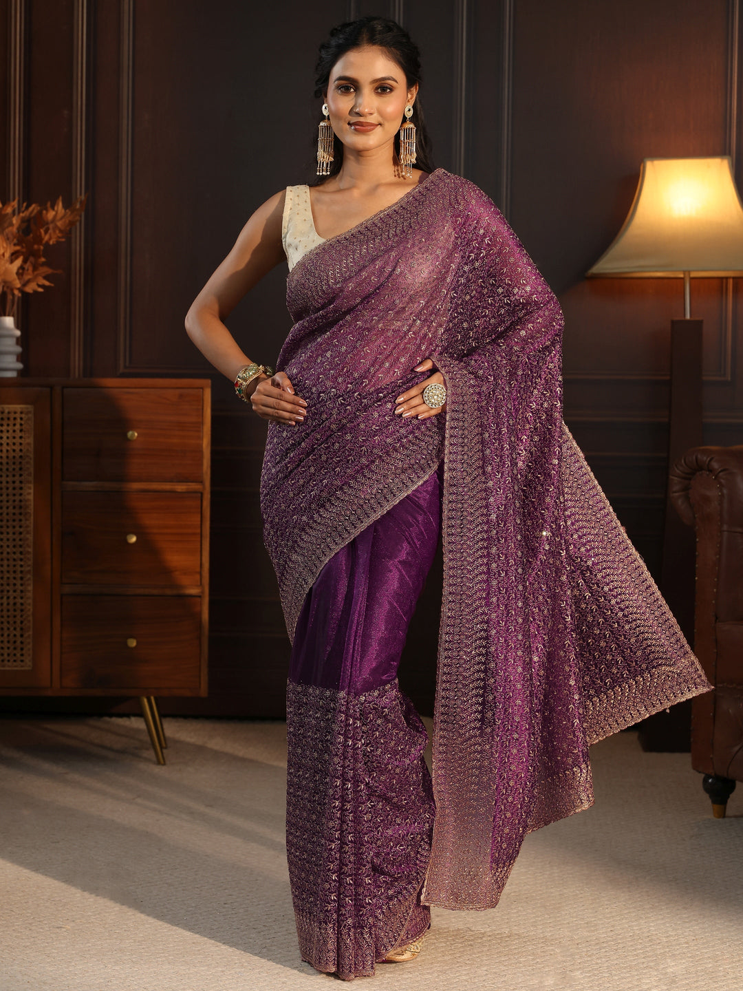  Libas Burgundy Floral Embroidered Net Saree 