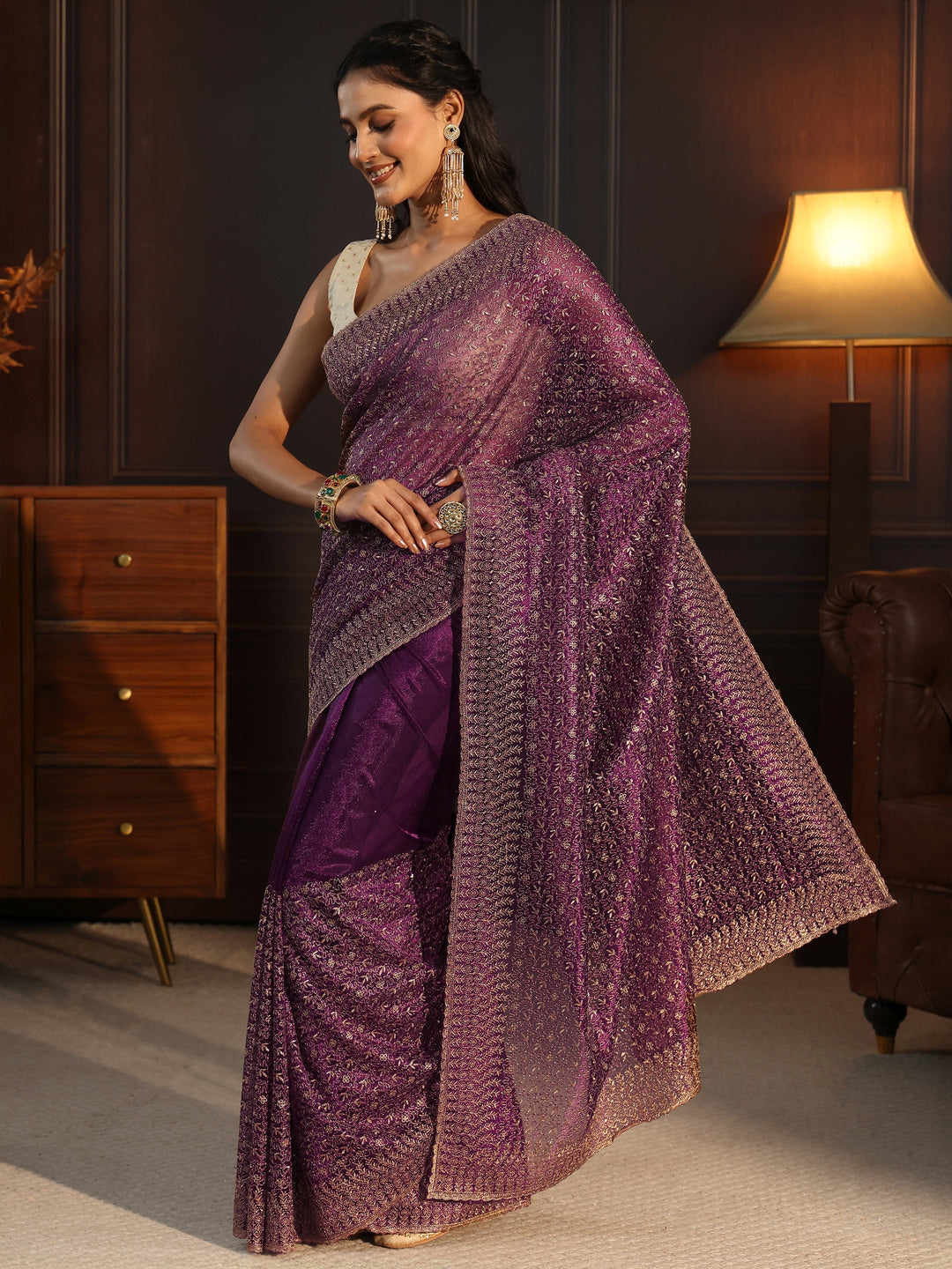  Libas Burgundy Floral Embroidered Net Saree 
