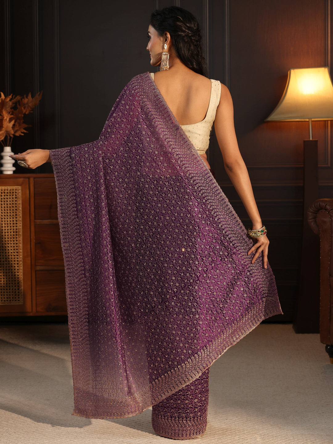  Libas Burgundy Floral Embroidered Net Saree 