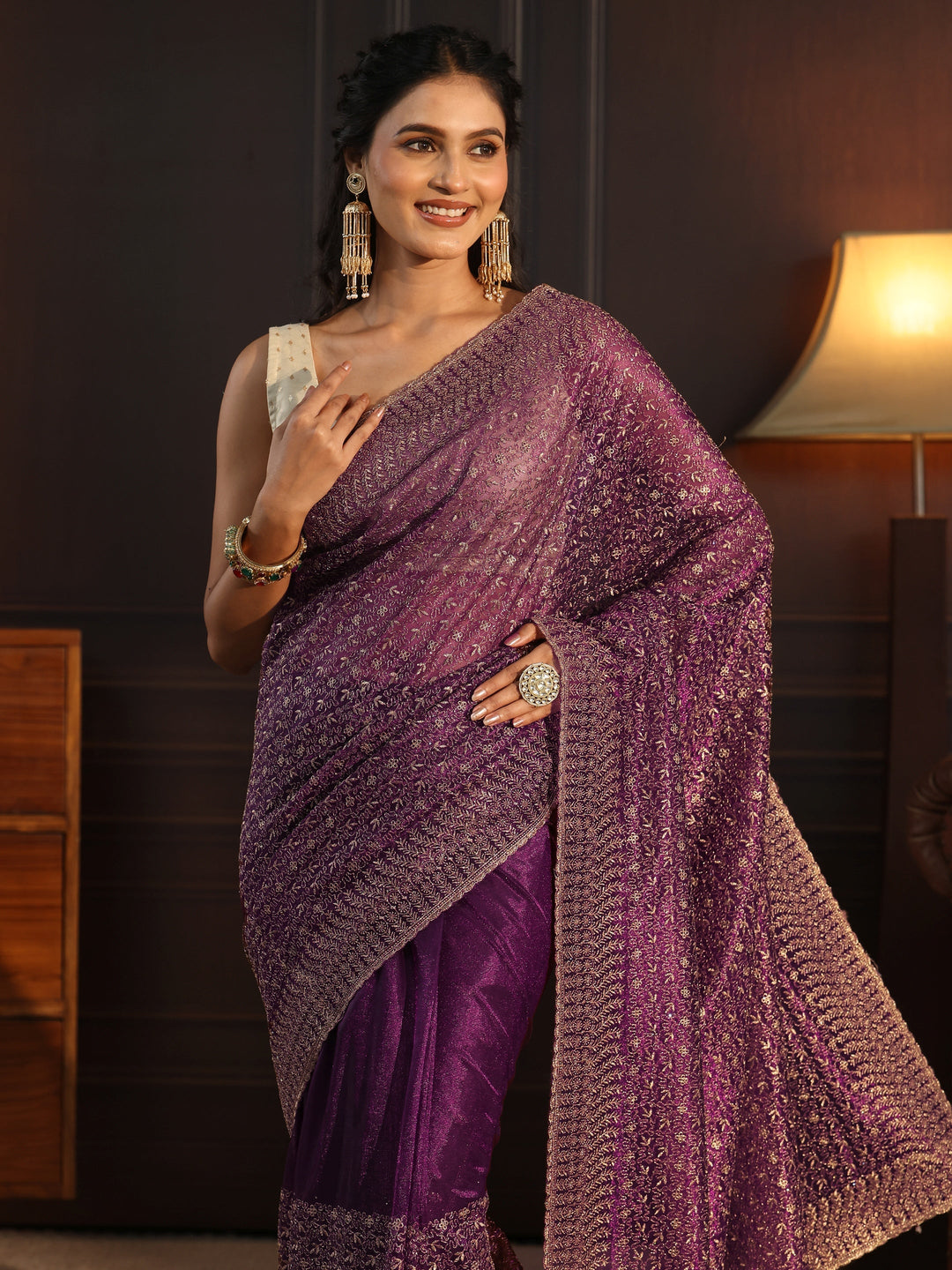  Libas Burgundy Floral Embroidered Net Saree 
