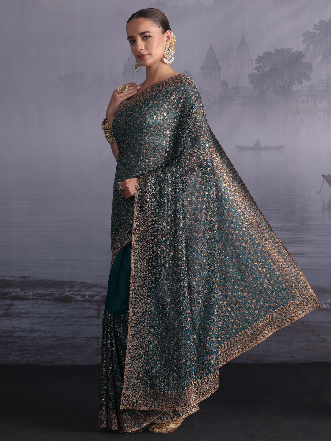  Libas Teal Blue Floral Embroidered Net Saree 