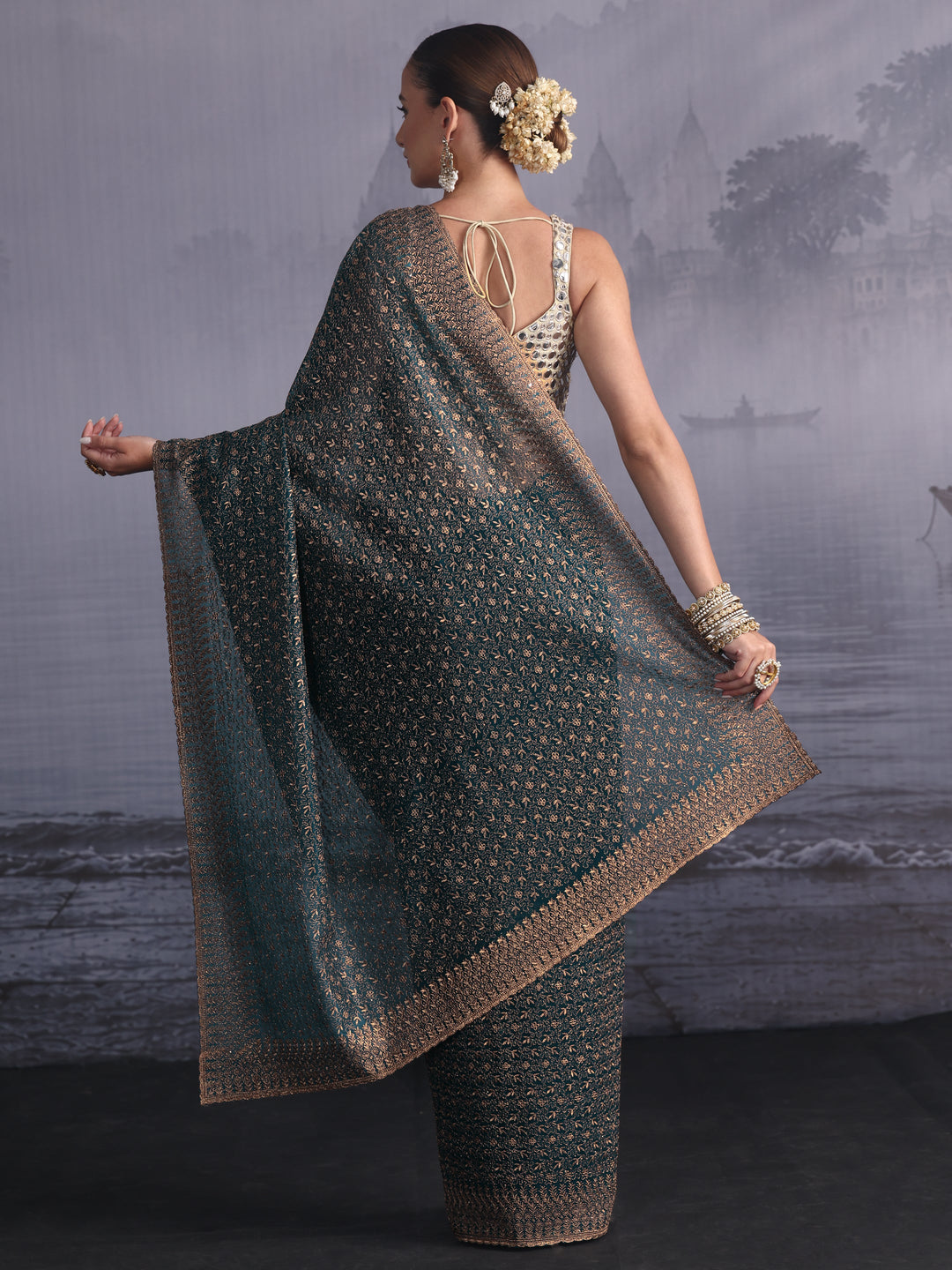  Libas Teal Blue Floral Embroidered Net Saree 