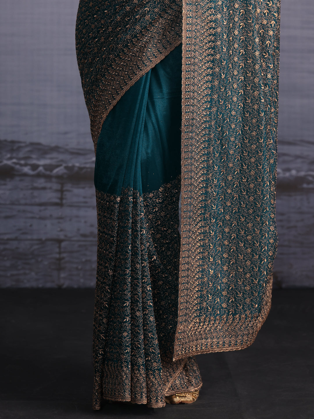  Libas Teal Blue Floral Embroidered Net Saree 