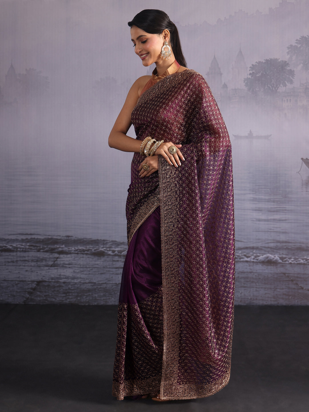  Libas Wine Embroidered Net Saree 