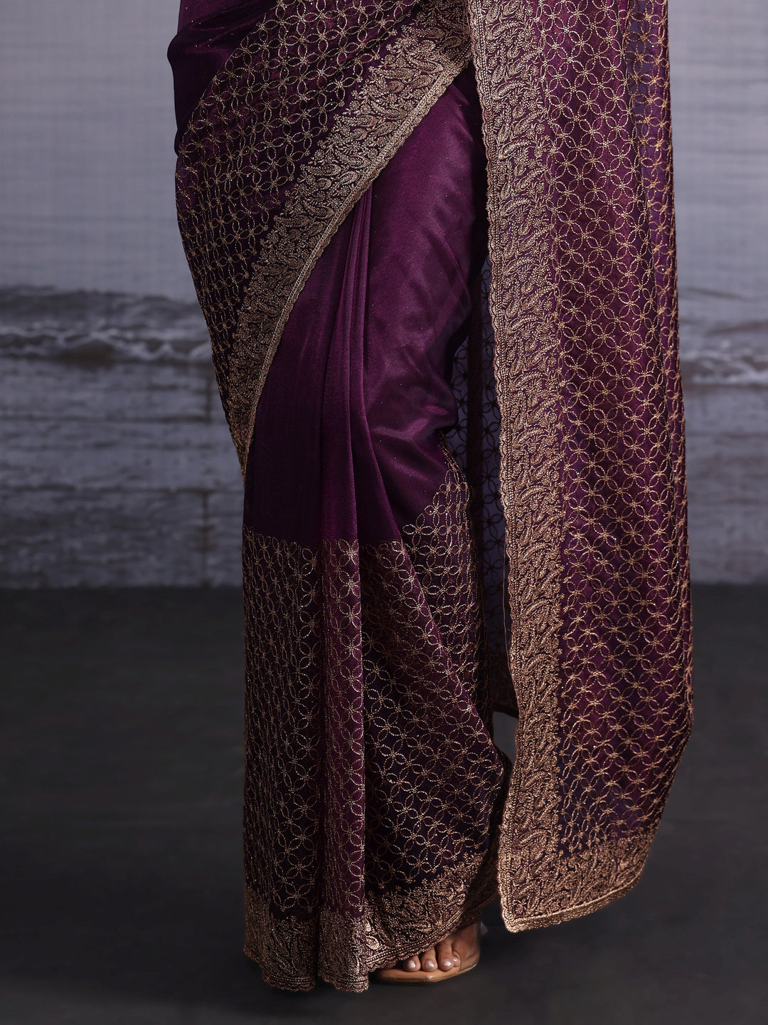  Libas Wine Embroidered Net Saree 