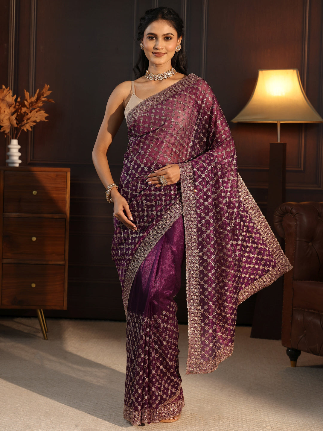  Libas Wine Floral Embroidered Net Saree 