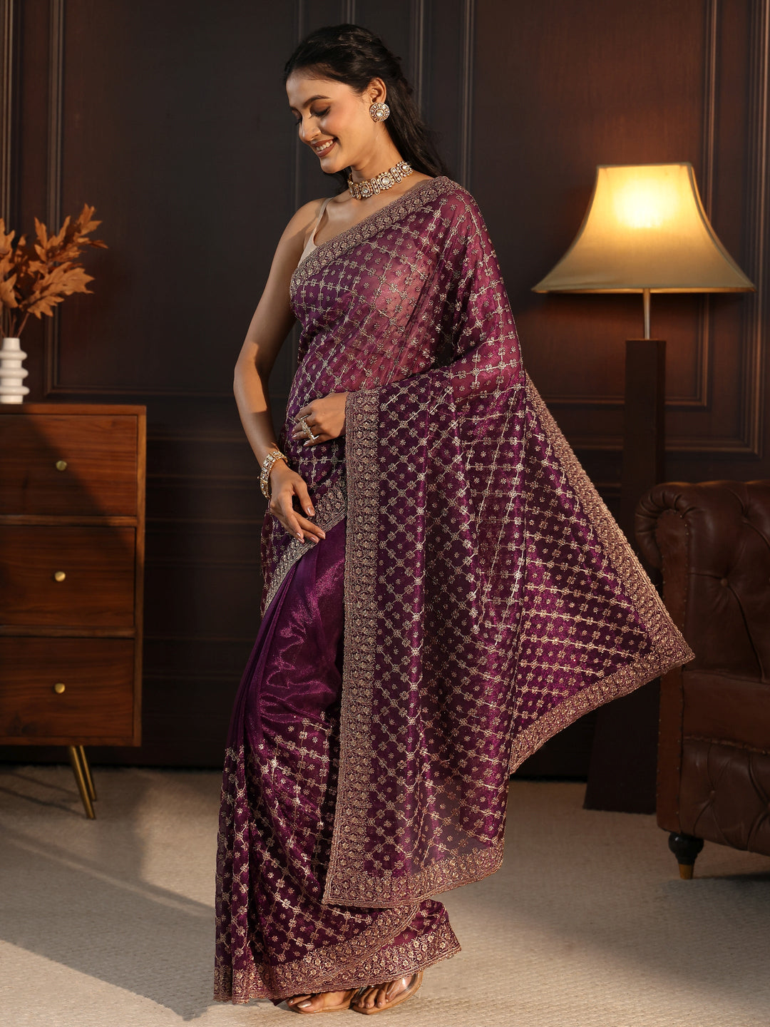  Libas Wine Floral Embroidered Net Saree 