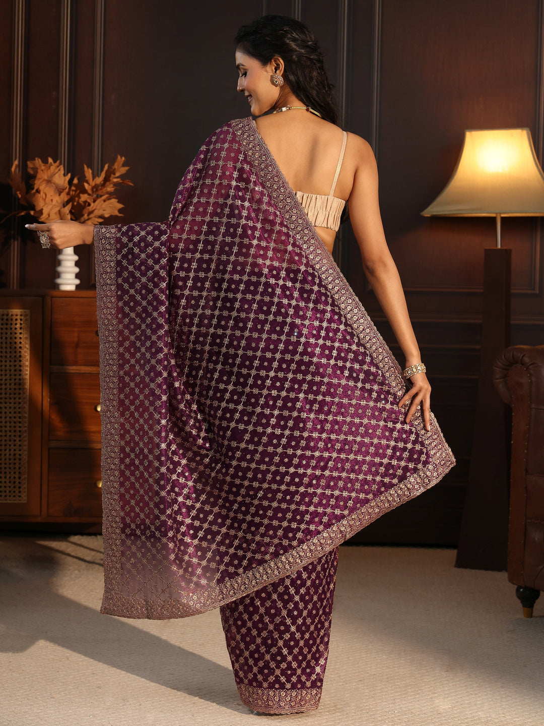  Libas Wine Floral Embroidered Net Saree 